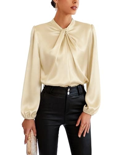 GRACE KARIN Ladies 2024 Trendy Mock Neck Lantern Long Sleeve Blouse Shirt Twist Front Top Apricot XL - Image 1