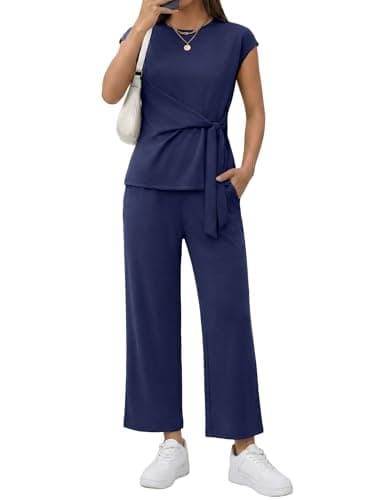 Casly Lamiit Two Piece Sets for Women Summer Airport Travel Outfits Lounge Set Teacher Outfits Cropped Wide Leg Pant Sets Navy Blue XS - Image 1