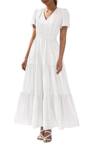 BTFBM Womens Summer Dresses 2026 V Neck Hollow Out Eyelet A Line Flowy Boho Beach Vacation Wedding Guest Maxi Dress(White, Medium) - Image 1