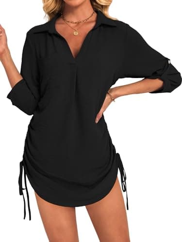 GKBK Women Swimsuit Coverup Bathing Suit Cover Ups for Swimwear Swim 2026 3/4 Sleeve Summer Set Hawaiian Clothes Pool Bikini Beachwear Drawstring Tropical Beach Dresses Shirt Black S - Thumbnail 2