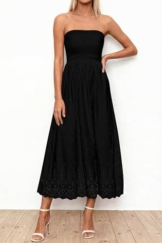 PRETTYGARDEN Womens Summer Dresses 2026 Sexy Sleeveless Tube Top Long Dress Eyelet Cotton Maxi Beach Sundress Pockets(Black,Large) - Thumbnail 2