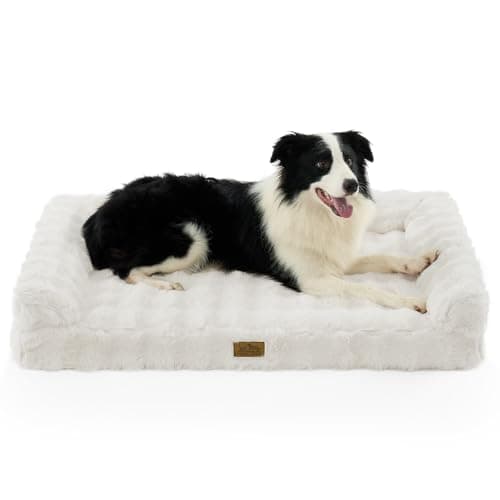 COZY KISS Faux Rabbit Fur Orthopedic Dog Bed, Large Dog Bed, Supportive Foam Pet Sofa with Waterproof Lining Cover, Washable U-Shaped Pet Couch with Anti-Slip Bottom Design, Beige XL 42x30x7 inch - Image 1