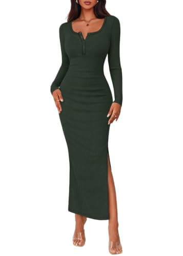 Lazysmile Women's 2026 Fall Long Sleeve Bodycon Maxi Dress Crew Neck Button Down Side Slit Knit Casual Dresses Army Green - Image 1