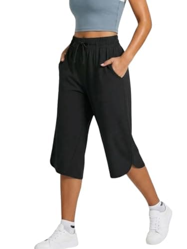 gaimoliso Drawstring Capri Pants for Women Casual Wide Leg Yoga High Waist Capri Pants Pockets Loose Soft Sweatpants Capris-Black - Image 1
