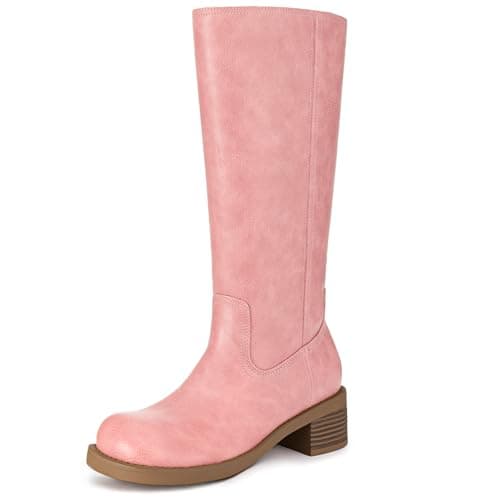 Athlefit Women's Pink Knee High Boots Square Toe Tall Riding Boots Pull On Chunky Low Heel Long Booties Size 9 - Image 1