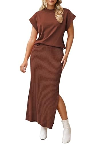 Pink Queen Women's Fashion Sweater Dress Set Short Sleeve Crewneck T Shirt and Empire Waist Side Slit Midi Skirt Set Vacation Going Out Formal Outfits Chestnut S - Image 1
