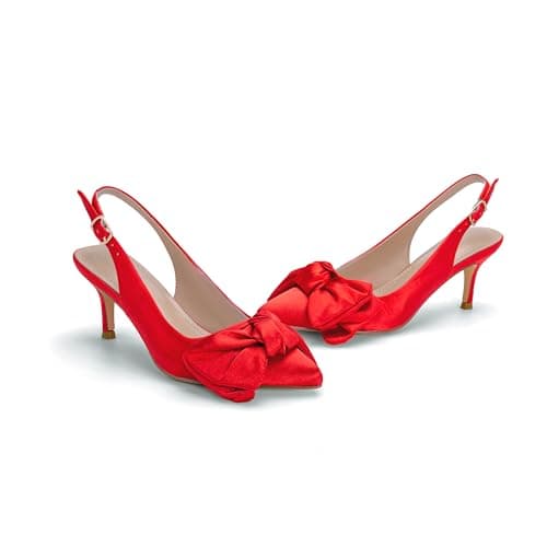 Red Heels Slingback Kitten Heels with Bows Stilettos 2 Inch High Heel Pumps Pointed Toe Pump with Bownot Dress Shoes Silk Satin Elegant Size 7 - Thumbnail 3