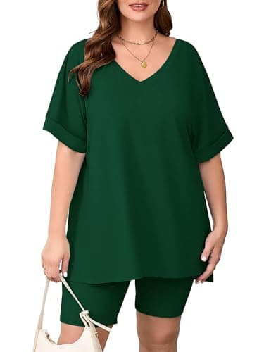 AusLook Women's Plus size 2 Piece Short Outfits Set Short Sleeve Tops and Shorts Pants Dark Green 5X Casual Comfy Soft Ladies Short Sleepwear Lounge Pajama Matching Set - Image 1