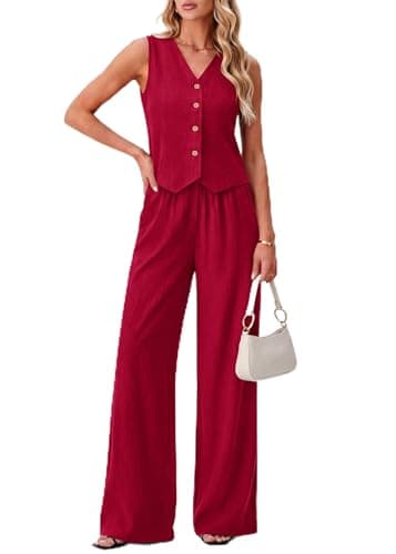 KIRUNDO Business Casual Outfits for Women Vest Tops Pant Suits Dressy 2 Piece Sets Summer Crop Blazer Wide Leg Work Pants(Wine Red, X-Large)