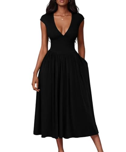 ABKY Womens Midi Dresses Deep V Neck Cap Sleeve Back- Tie A-Line Swing Dress with Pocket Party Foraml Date Night Prom Outfits Black S - Image 1