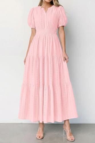 PRETTYGARDEN Womens Summer Maxi Dresses 2026 Casual Puff Sleeve V Neck Smocked Flowy Eyelet Cotton Dress Spring Sundress(Pink,Large) - Thumbnail 3