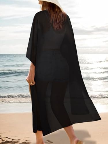 Women's Boho Long Kimono Cardigan Dusters Summer Lightweight Chiffon Sheer Beach Swimsuit Swimwear Bathing Suit Bikini Cover Ups Coverup Plus Size Resort Wear Solid Color Black XX-Large - Thumbnail 5