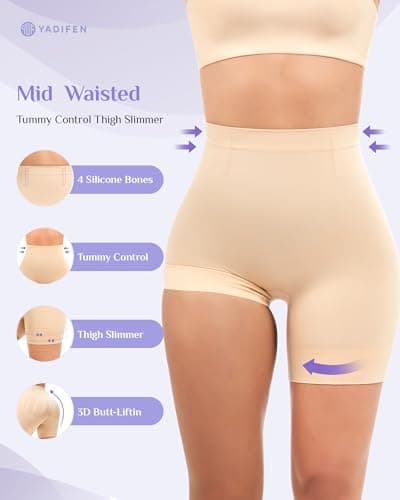 YADIFEN Shapewear for Women Tummy Control, Mid Waist Body Shaper Shorts Butt Lifting Seamless Shapewear Under Dresses - Thumbnail 3