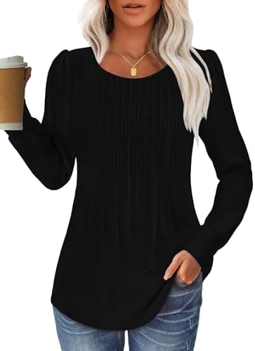 GKBK Women Long Sleeve Shirts Fall Tops Dressy Pleated Scooped Neck Tunic Tops for Leggings Black XXL - Image 1