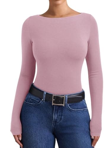 PINKMSTYLE Womens Boat Neck Basic Long Sleeve Tops Slim Fit Business Casual Going Out Top Pink Large - Thumbnail 3