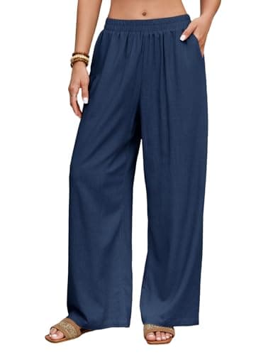 HEEKPEK Navy Blue Linen Pants for Women Wide Leg Summer Flowy Elastic Waist Palazzo Beach Vacation Clothes Travel Trousers with Pockets (Navy Blue,Small) - Image 1