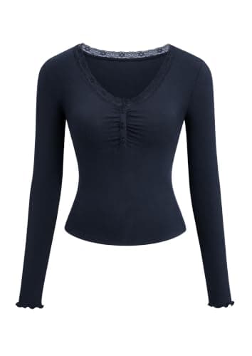 PRETTYGARDEN Womens Fall Long Sleeve Tops Lace Trim V Neck Button Henley Tshirts Slim Fitted Going Out Y2k Basic Shirts 2026 (Navy,XS) - Image 1