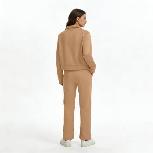 Anyshe Women's 2 Piece Sweatsuit Set Lounge Set Half Zip Sweatshirt with Kangaroo Pocket Thumb Holes Wide Leg Drawstring Pants Casual Tracksuit for Travel Daily Wear, Khaki, X-Large - Thumbnail 4