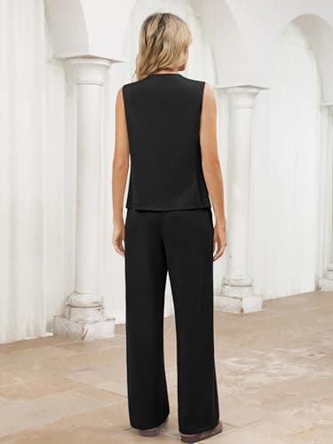 Casly Lamiit 2 Piece Lounge Sets for Women Dressy Casual Outfits Travel Airport Sleeveless Blazer Vest and Pants Set Beach Vacation Clothes Black XL - Thumbnail 4