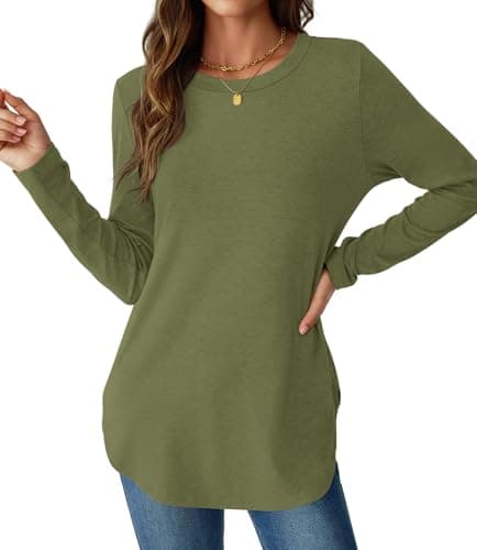 NORACORA Womens Tunic Tops to Wear with Leggings Long Sleeve Crewneck Side Split Shirts Curved Hem Loose Tshirts Spring Fall Clothes Army Green XL - Image 1