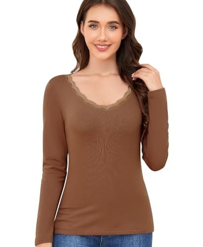 Ganado Long Sleeve Shirts for Women Lace V Neck Thermal Shirt Fitted Basic Tops Plain Layering Undershirts (Coffee, XX-Large) - Image 1