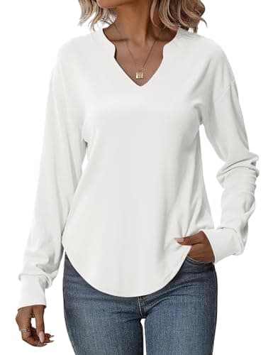 Totatuit Sweatshirts for Women V Neck Long Sleeve Shirts Loose Lightweight Curved Hem Casual Pullover Tops 2025 Fall White Medium - Image 1