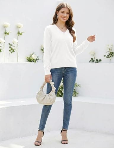 LaGracia Cardigan Sweaters for Women Long Sleeve V-Neck Wool Blend Lightweight Button Sweater Spring Tops White L - Thumbnail 6