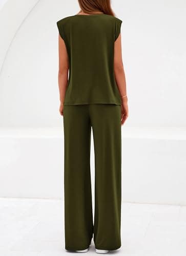 BTFBM 2 Piece Sets for Women Spring 2026 Casual Shoulder Pad Tank Top Wide Leg Pants Matching Set Travel Airport Outfits(Army Green, Small) - Thumbnail 3