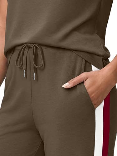Casly Lamiit Women's 2 Piece Outfits Travel Set Track Suits Casual Shorts Workout Set Short Sleeve Crew Neck Jumpsuits Coffee XS - Thumbnail 4