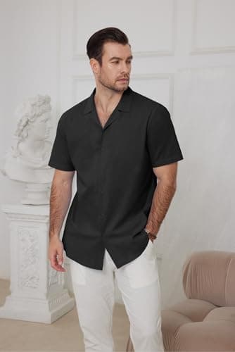JEKAOYI Mens Casual Cotton Linen Button Down Short Sleeve Shirts Summer Cuban Camp Beach Shirts Vacation Wedding Shirt Black - Thumbnail 3