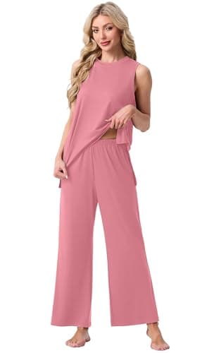 PrinStory Womens Pajamas Sets 2 Piece Soft Pjs for Women Sleeveless Pajama Set Summer Loungewear with Pockets Pink-M - Thumbnail 4