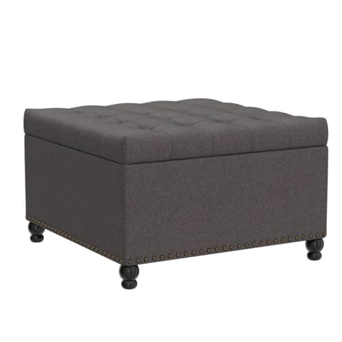 Tbfit Large Square Storage Ottoman Bench, Tufted Upholstered Coffee Table with Storage, Oversized Storage Ottomans Toy Box Footrest for Living Room, Dark Grey - Thumbnail 4
