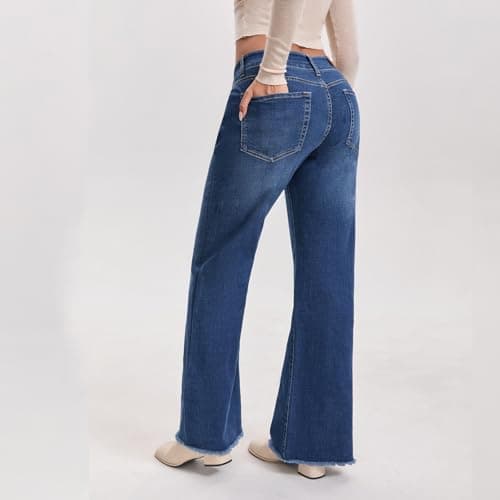 WAISUNZLM Women's High Waisted Bootcut Jeans Wide Leg Stretchy Denim Pants with Raw Hem Dark Blue - Thumbnail 4