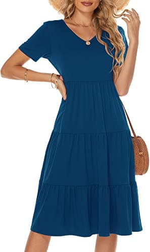Berydress Summer Dresses for Women 2025 Short Sleeve V-Neck Casual Beach Cotton Tiered Midi Sundress (M, 6175-Deep Blue) - Thumbnail 3