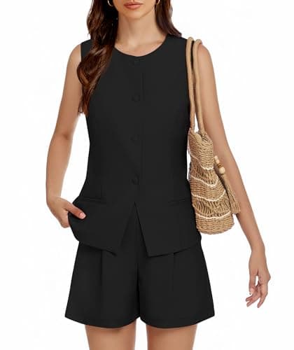 Casly Lamiit Womens 2025 Summer Two Piece Outfits High Waisted Shorts Business Casual Work Blazer Vest Set with Pockets Black XS - Image 1