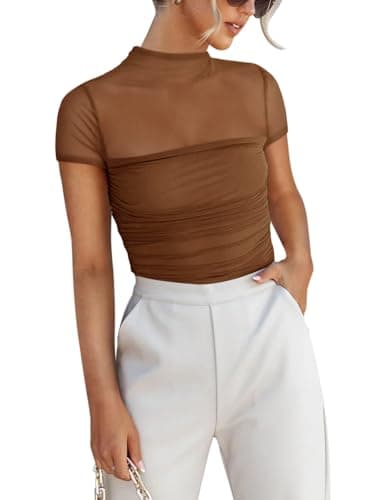 REORIA Sexy Bodysuits for Women Classic Mock Turtle Neck Short Sleeve Slim Fit Shirts Sheer Mesh Ruched Trendy Going Out Tops Cute Office Bodysuits Coffee X-Small - Image 1