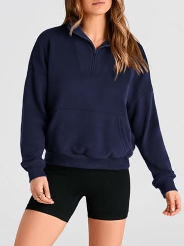 PRETTYGARDEN Womens Quarter Zip Long Sleeve Cropped Sweatshirt 2026 Fall Winter Casual V Neck Pullover Tops With Pockets(Navy,Medium) - Thumbnail 5
