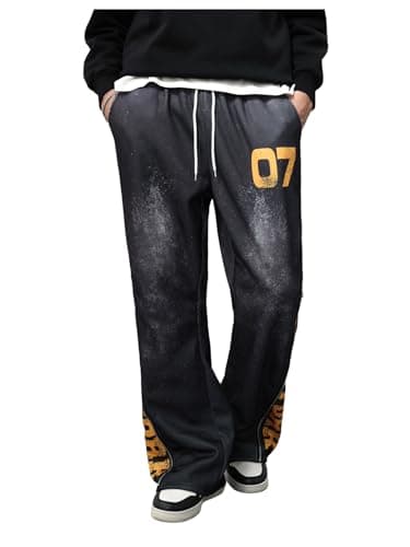 VIPWOLF Men's Wide Leg Sweatpants Baggy Flared Sweatpants Y2K Letter Graphic Drawstring Waist Joggers Pants Streetwear Black Washed Small - Image 1