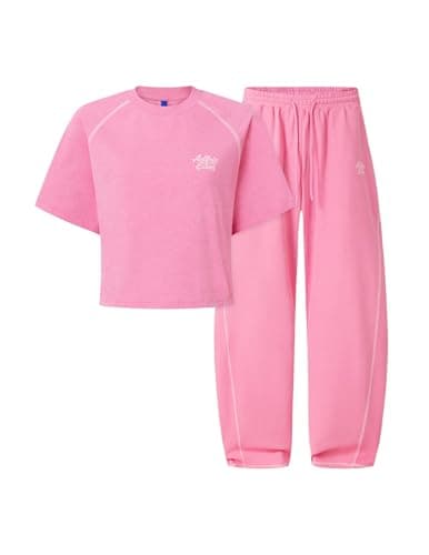 Aelfric Eden Cloud Cropped Sweat Sets Summer 2 Piece Outfits Crop Top High Waisted Baggy Barrel Sweatpants Sweatsuit Pink Small - Image 1