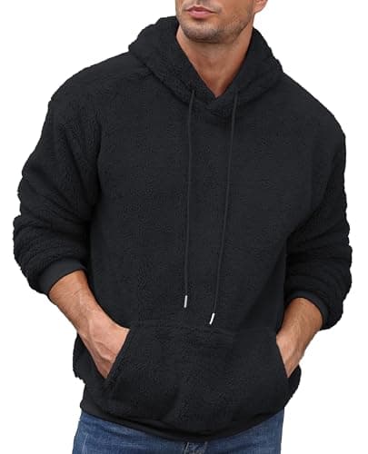 Aimeilgot Mens Fuzzy Sherpa Hoodie Pullover Sweatshirts Long Sleeve Lightweight Fleece Loose Cozy with Pocket Winter Hooded Outwear Black, Large - Thumbnail 3