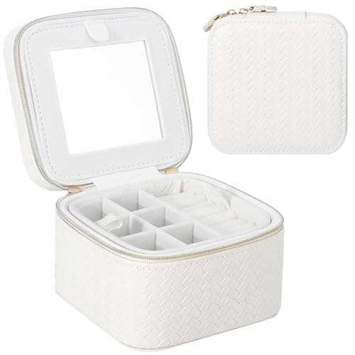 DesignSter Travel Jewelry Case for Woman, Small Travel Jewelry Box with Mirror,4.72×4.72×3.54 inches,Portable Design Travel Jewelry Organizer,Double Headed Zipper