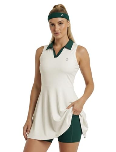 PATPAT Women’s Tennis Dresses Sleeveless Polo Collar Dress 2 Piece Sets Built Biker Shorts Summer Activewear Apricot,M - Image 1