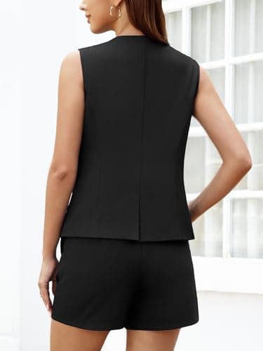 Casly Lamiit Womens 2025 Summer Two Piece Outfits High Waisted Shorts Business Casual Work Blazer Vest Set with Pockets Black XS - Thumbnail 3