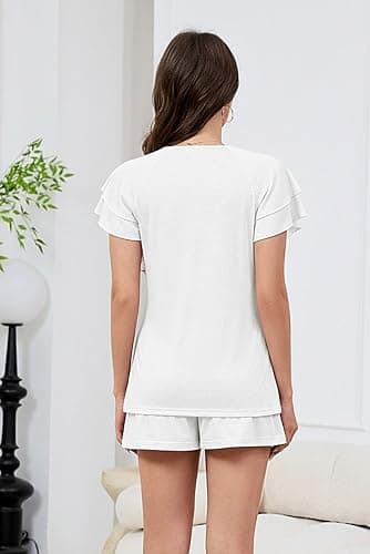 Anjue Womens Cotton Pajama Set Soft Comfy Short Sleeve Top and Shorts Loose Casual Sleepwear(White,M) - Thumbnail 5
