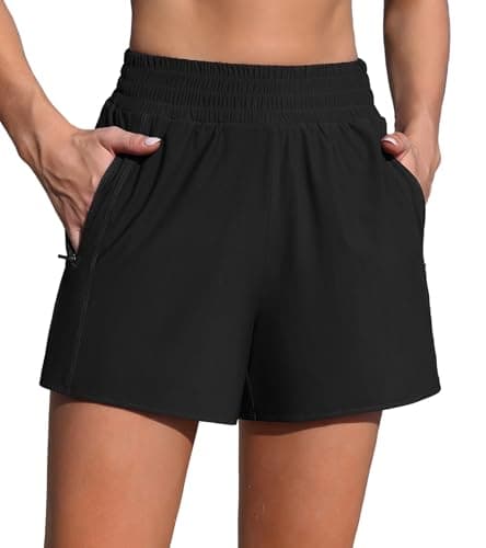 ANFILIA Swim Shorts Women High Waisted Board Shorts Quick Dry Swimsuit Bottoms with Pockets Liner 3 Inch Inseam Black - Image 1