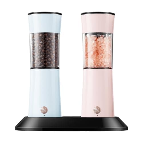 Gravity Electric Salt and Pepper Grinder Set with USB-C Charging Base,Rechargeable Automatic Stainless Steel Pepper Mill Grinder with LED Light, 2pack+Peach Orange (Morning Haze+Petal Pink) - Image 1