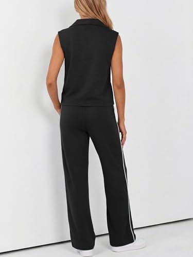 Casly Lamiit 2 Piece Sets for Women Summer Travel Outfits V Neck Half Zip Lapel Tank Top Striped Wide Leg Pants Matching Sets Sweatsuits Black S - Thumbnail 4