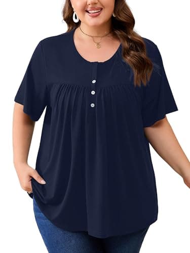 AusLook Plus Size Tunic Tops for Women Pleated Babydoll Blouse Short Sleeve Round Neck Loose Fit Casual Flowy Navy Blue 3X Tunic Shirts Summer Tops to Wear with Leggings