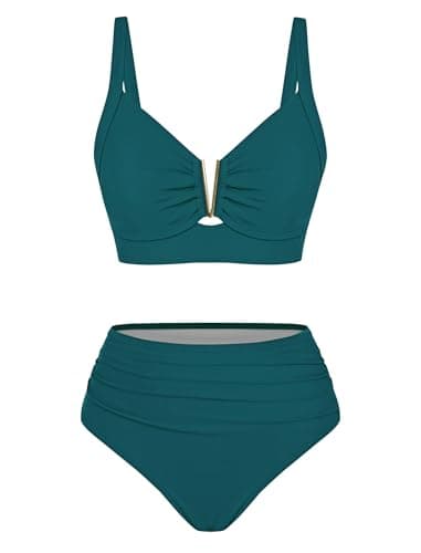 ZAFUL Womens High Waisted Bikini Sets Tummy Control Bathing Suits 2 Piece Push Up Full Coverage Bikini Swimsuits Vacation Swimwear 2026 Dark Green Small - Image 1