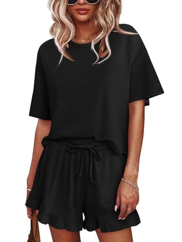 Tankaneo Womens Pajamas Set Lounge Sets Cropped Short Sleeve T Shirts Drawstring Ruffle Shorts Soft Sleepwear, Black, Large - Image 1
